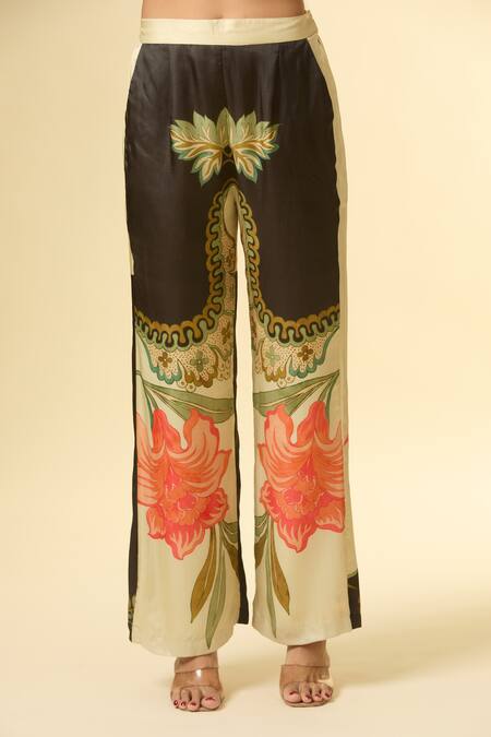 Shop Paulmi And Harsh Black Silk Collared French Bloom Printed Shirt And Pant Set Online at Aza Fashions Shop_Paulmi And Harsh_Black Silk Collared French Bloom Printed Shirt And Pant Set _Online_at_Aza_Fashions