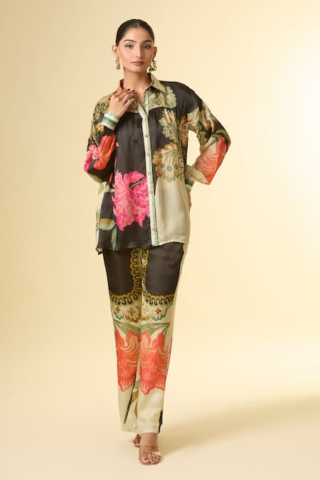 Paulmi And Harsh Black Silk Collared French Bloom Printed Shirt And Pant Set at Aza Fashions Paulmi And Harsh_Black Silk Collared French Bloom Printed Shirt And Pant Set _at_Aza_Fashions