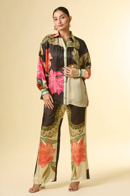 Buy Paulmi And Harsh Black Silk Collared French Bloom Printed Shirt And Pant Set Buy_Paulmi And Harsh_Black Silk Collared French Bloom Printed Shirt And Pant Set
