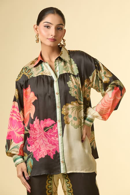 Shop Paulmi And Harsh Black Silk Collared French Bloom Printed Shirt And Pant Set Shop_Paulmi And Harsh_Black Silk Collared French Bloom Printed Shirt And Pant Set