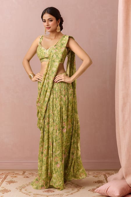 Paulmi and Harsh Floral Print Pleated Skirt Saree With Blouse 