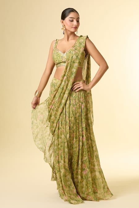 Paulmi And Harsh_Green Cotton Sequins, Zari, Embroidery Floral Print Pleated Skirt Saree Set _Online_at_Aza_Fashions