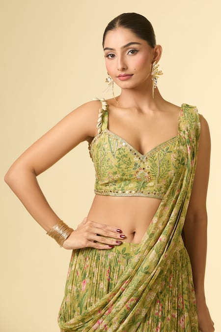 Buy_Paulmi And Harsh_Green Cotton Sequins, Zari, Embroidery Floral Print Pleated Skirt Saree Set _Online_at_Aza_Fashions