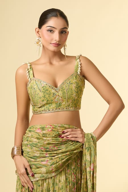 Shop_Paulmi And Harsh_Green Cotton Sequins, Zari, Embroidery Floral Print Pleated Skirt Saree Set _Online_at_Aza_Fashions