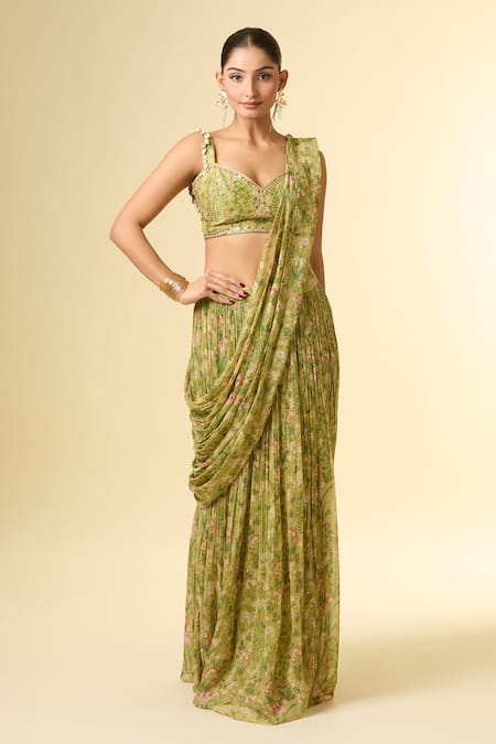 Buy_Paulmi And Harsh_Green Cotton Sequins, Zari, Embroidery Floral Print Pleated Skirt Saree Set 