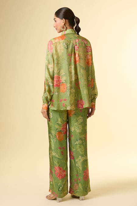 Shop Paulmi And Harsh Green Cotton Embroidery Collared Floral Print Shirt And Pant Set at Aza Fashions Shop_Paulmi And Harsh_Green Cotton Embroidery Collared Floral Print Shirt And Pant Set_at_Aza_Fashions