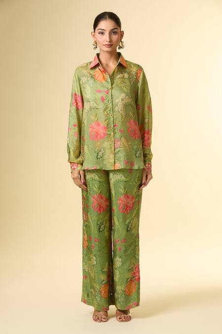 Paulmi And Harsh Green Cotton Embroidery Collared Floral Print Shirt And Pant Set Online at Aza Fashions Paulmi And Harsh_Green Cotton Embroidery Collared Floral Print Shirt And Pant Set_Online_at_Aza_Fashions