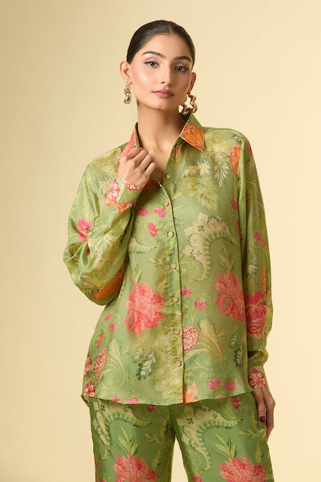 Buy Paulmi And Harsh Green Cotton Embroidery Collared Floral Print Shirt And Pant Set Online at Aza Fashions Buy_Paulmi And Harsh_Green Cotton Embroidery Collared Floral Print Shirt And Pant Set_Online_at_Aza_Fashions