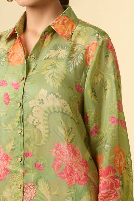 Shop Paulmi And Harsh Green Cotton Embroidery Collared Floral Print Shirt And Pant Set Online at Aza Fashions Shop_Paulmi And Harsh_Green Cotton Embroidery Collared Floral Print Shirt And Pant Set_Online_at_Aza_Fashions