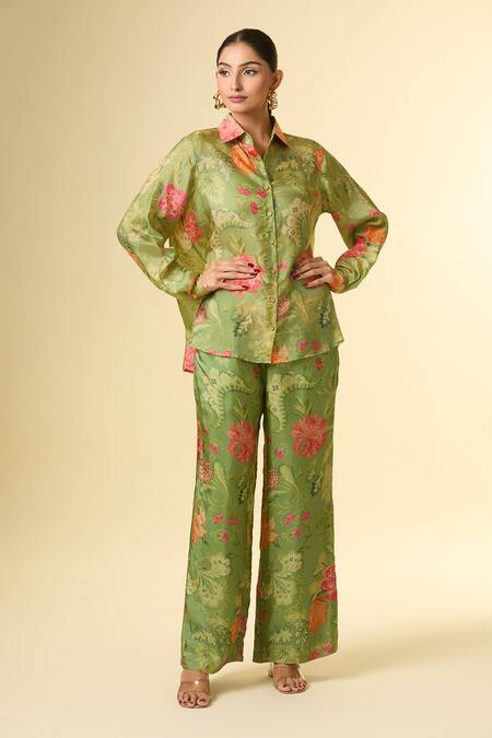 Buy Paulmi And Harsh Green Cotton Embroidery Collared Floral Print Shirt And Pant Set Buy_Paulmi And Harsh_Green Cotton Embroidery Collared Floral Print Shirt And Pant Set