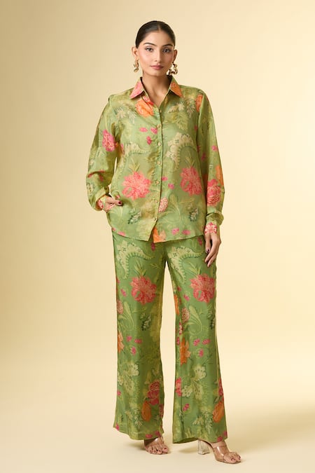 Shop Paulmi And Harsh Green Cotton Embroidery Collared Floral Print Shirt And Pant Set Shop_Paulmi And Harsh_Green Cotton Embroidery Collared Floral Print Shirt And Pant Set