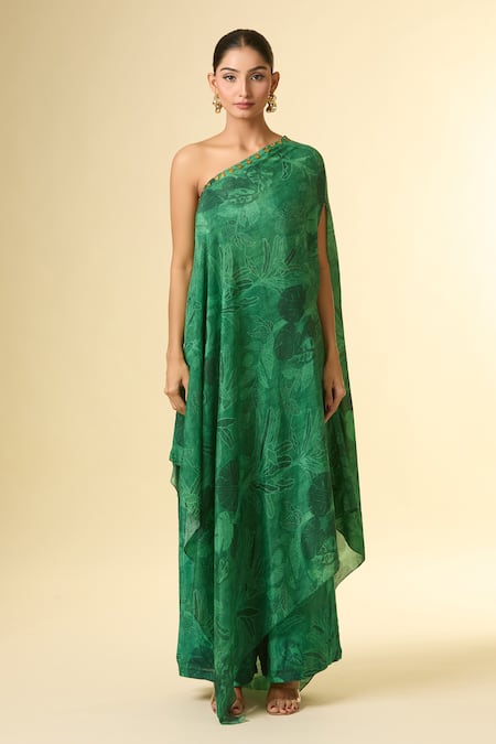 Paulmi And Harsh Green Cotton Embroidery Asymmetric Hem Printed Tunic And Flared Pant Online at Aza Fashions Paulmi And Harsh_Green Cotton Embroidery Asymmetric Hem Printed Tunic And Flared Pant _Online_at_Aza_Fashions