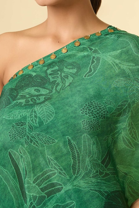 Shop Paulmi And Harsh Green Cotton Embroidery Asymmetric Hem Printed Tunic And Flared Pant Online at Aza Fashions Shop_Paulmi And Harsh_Green Cotton Embroidery Asymmetric Hem Printed Tunic And Flared Pant _Online_at_Aza_Fashions