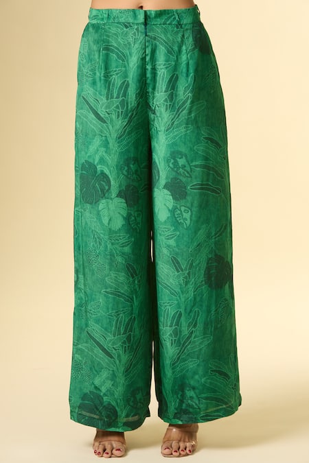 Paulmi And Harsh Green Cotton Embroidery Asymmetric Hem Printed Tunic And Flared Pant at Aza Fashions Paulmi And Harsh_Green Cotton Embroidery Asymmetric Hem Printed Tunic And Flared Pant _at_Aza_Fashions
