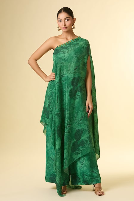 Buy Paulmi And Harsh Green Cotton Embroidery Asymmetric Hem Printed Tunic And Flared Pant Buy_Paulmi And Harsh_Green Cotton Embroidery Asymmetric Hem Printed Tunic And Flared Pant