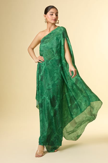 Shop Paulmi And Harsh Green Cotton Embroidery Asymmetric Hem Printed Tunic And Flared Pant Shop_Paulmi And Harsh_Green Cotton Embroidery Asymmetric Hem Printed Tunic And Flared Pant