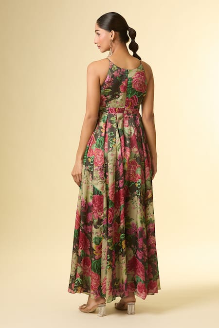 Shop_Paulmi And Harsh_Black Sequins, Zari Halter Neck Floral Print Embroidered Jumpsuit _at_Aza_Fashions