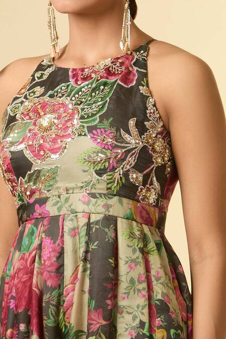 Paulmi And Harsh_Black Sequins, Zari Halter Neck Floral Print Embroidered Jumpsuit _Online_at_Aza_Fashions