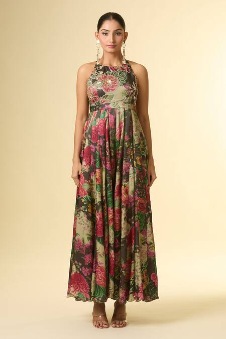 Buy_Paulmi And Harsh_Black Sequins, Zari Halter Neck Floral Print Embroidered Jumpsuit _Online_at_Aza_Fashions