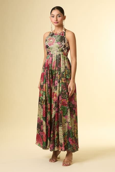 Shop_Paulmi And Harsh_Black Sequins, Zari Halter Neck Floral Print Embroidered Jumpsuit _Online_at_Aza_Fashions