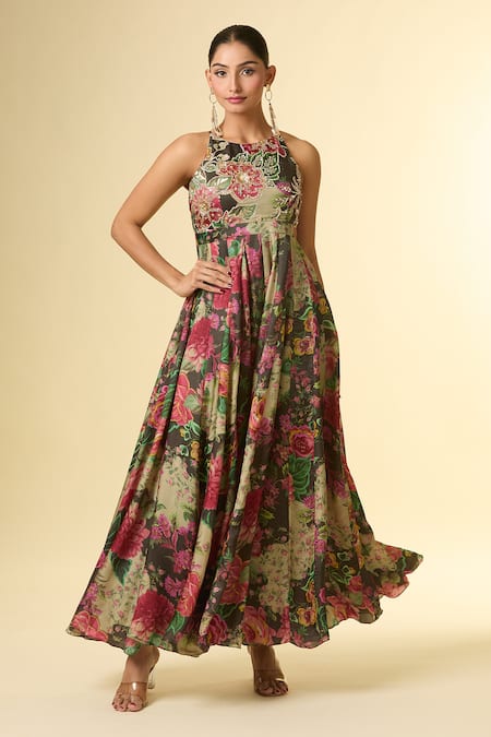 Paulmi And Harsh_Black Sequins, Zari Halter Neck Floral Print Embroidered Jumpsuit _at_Aza_Fashions