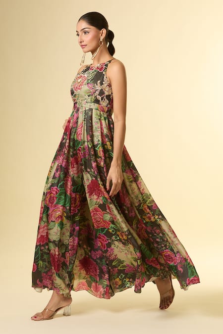 Buy_Paulmi And Harsh_Black Sequins, Zari Halter Neck Floral Print Embroidered Jumpsuit 