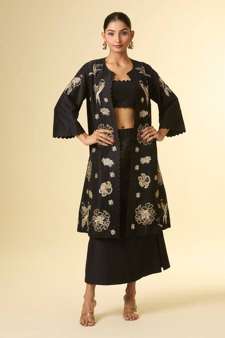 Shop Paulmi And Harsh Black Cotton Sequins, Zari Round , Scoop Bird Embroidered Jacket Set Online at Aza Fashions Shop_Paulmi And Harsh_Black Cotton Sequins, Zari Round , Scoop Bird Embroidered Jacket Set_Online_at_Aza_Fashions