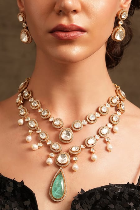 Shop_Joules By Radhika_Green Zari Polki Embellished Layered Necklace Set _at_Aza_Fashions