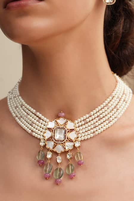 Shop Joules By Radhika White Pearls, Zari Polki Floral Necklace Set at Aza Fashions Shop_Joules By Radhika_White Pearls, Zari Polki Floral Necklace Set _at_Aza_Fashions