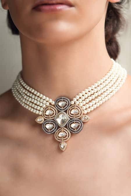 Shop_Joules By Radhika_White Pearl And Stone Embellished Choker _at_Aza_Fashions