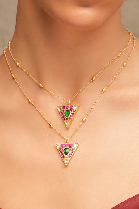 Shop_Joules By Radhika_Gold Plated Stones Triangle Layered Pendant Necklace_at_Aza_Fashions