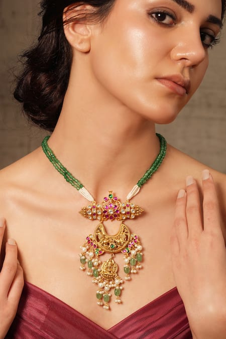 Joules By Radhika Multi Color Stones, Beads Gold Finish Half Crescent Pendant Necklace