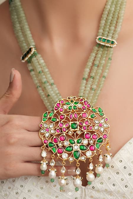 Shop Joules By Radhika Multi Color Stones, Beads Floral Cutwork Pendant Necklace at Aza Fashions Shop_Joules By Radhika_Multi Color Stones, Beads Floral Cutwork Pendant Necklace _at_Aza_Fashions