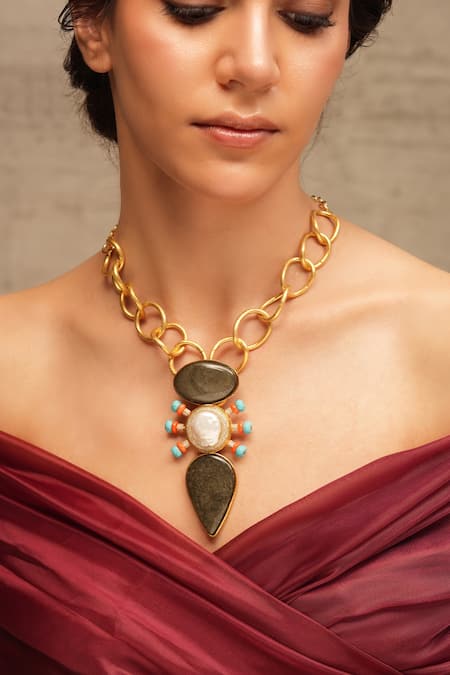 Joules by Radhika Gold Finish Geometric Pendant Necklace 