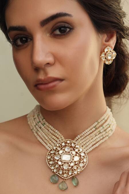 Joules By Radhika Gold Plated Beads, Zari Polki Necklace And Earring Set 