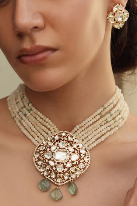 Shop Joules By Radhika Gold Plated Beads, Zari Polki Necklace And Earring Set at Aza Fashions Shop_Joules By Radhika_Gold Plated Beads, Zari Polki Necklace And Earring Set _at_Aza_Fashions