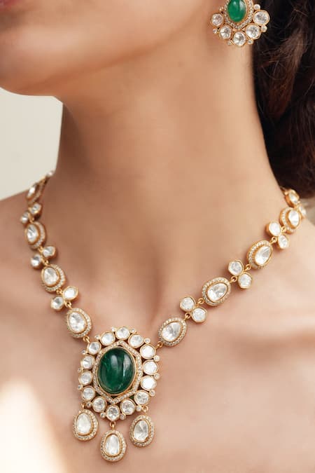 Shop Joules By Radhika Gold Plated Stones And Green Floral Necklace Set at Aza Fashions Shop_Joules By Radhika_Gold Plated Stones And Green Floral Necklace Set _at_Aza_Fashions