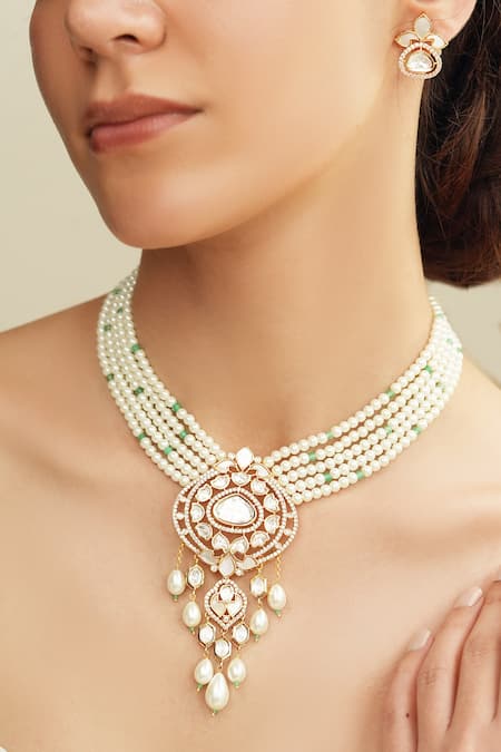 Shop Joules By Radhika Gold Plated Pearls, Stones Embellished Necklace Set at Aza Fashions Shop_Joules By Radhika_Gold Plated Pearls, Stones Embellished Necklace Set _at_Aza_Fashions