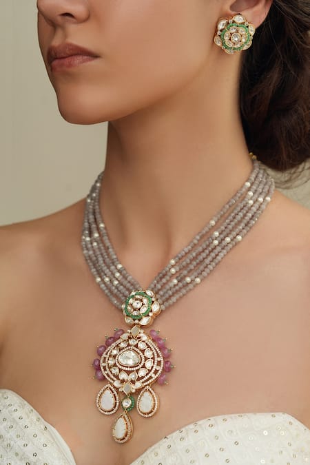 Joules By Radhika Gold Plated Stones, Beads Polki Floral Necklace Set 