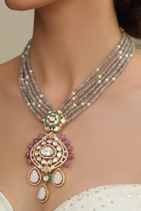 Shop Joules By Radhika Gold Plated Stones, Beads Polki Floral Necklace Set at Aza Fashions Shop_Joules By Radhika_Gold Plated Stones, Beads Polki Floral Necklace Set _at_Aza_Fashions