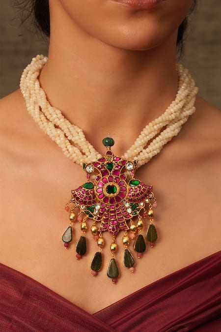 Shop Joules By Radhika Multi Color Beads, Stones Gold Finish Layered Pendant Necklace at Aza Fashions Shop_Joules By Radhika_Multi Color Beads, Stones Gold Finish Layered Pendant Necklace _at_Aza_Fashions