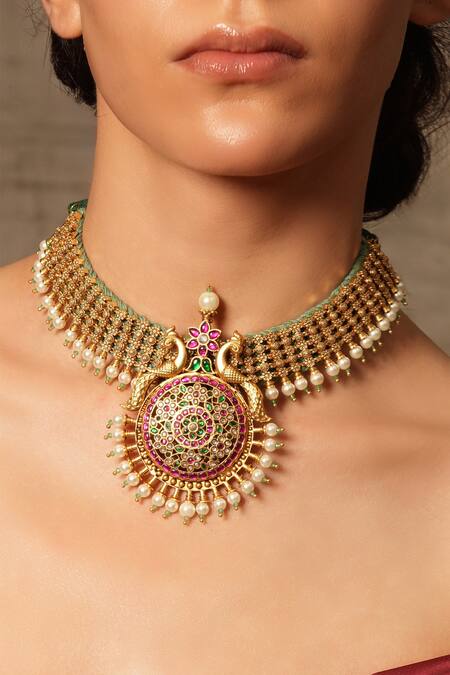 Shop Joules By Radhika Gold Plated Temple Carved Bead Choker at Aza Fashions Shop_Joules By Radhika_Gold Plated Temple Carved Bead Choker_at_Aza_Fashions