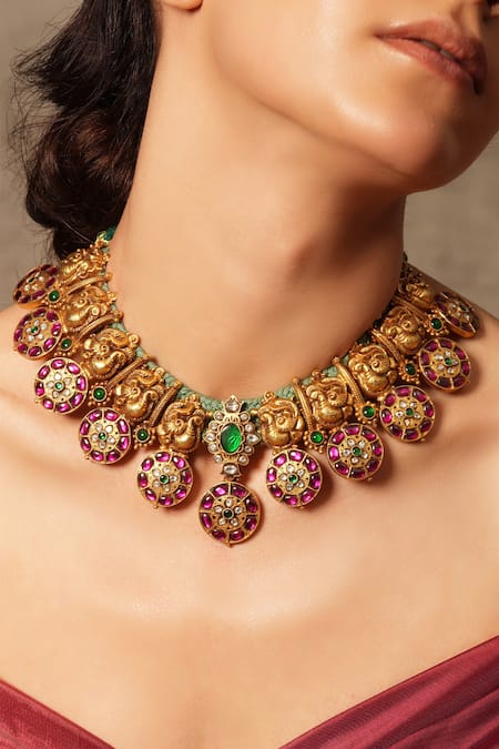 Shop_Joules By Radhika_Gold Plated Stone Embellished Peacock Choker _at_Aza_Fashions