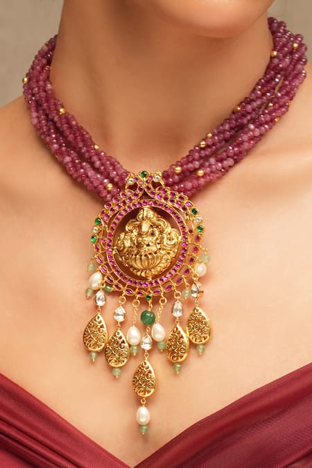 Shop Joules By Radhika Gold Plated Stones, Beads Temple Carved Pendant Necklace at Aza Fashions Shop_Joules By Radhika_Gold Plated Stones, Beads Temple Carved Pendant Necklace _at_Aza_Fashions