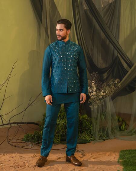 Buy_Runit Gupta_Blue Chanderi Silk Beads, Cut Work, Mirrors Ray Embroidered Nehru Jacket _Online_at_Aza_Fashions