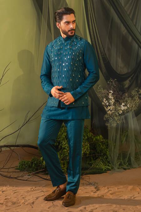 Shop_Runit Gupta_Blue Chanderi Silk Beads, Cut Work, Mirrors Ray Embroidered Nehru Jacket _Online_at_Aza_Fashions