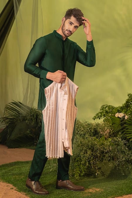 Runit Gupta_Green Chanderi Silk, Velvet Bottle Hand Dyed Kurta Set _Online_at_Aza_Fashions