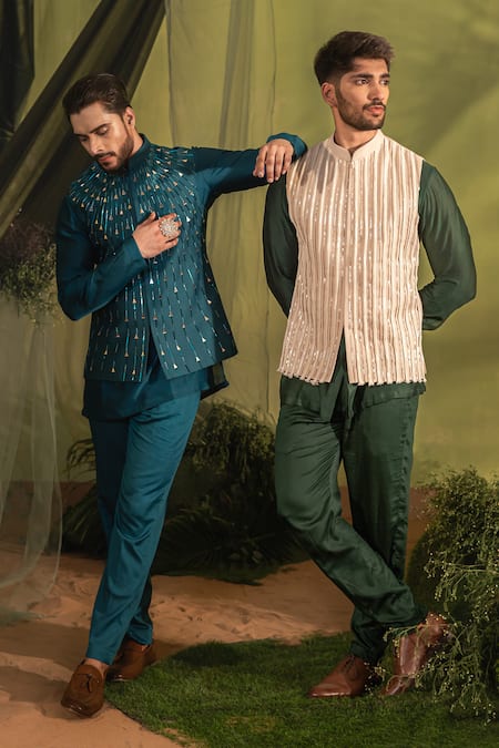 Shop_Runit Gupta_Green Chanderi Silk, Velvet Bottle Hand Dyed Kurta Set _Online_at_Aza_Fashions