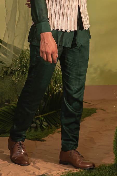 Runit Gupta_Green Chanderi Silk, Velvet Bottle Hand Dyed Kurta Set _at_Aza_Fashions