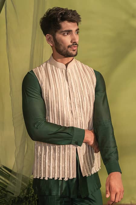 Buy_Runit Gupta_Pink Linen, Cotton Pearls, Cut Work Embroidered Dori Stripe Nehru Jacket _Online_at_Aza_Fashions